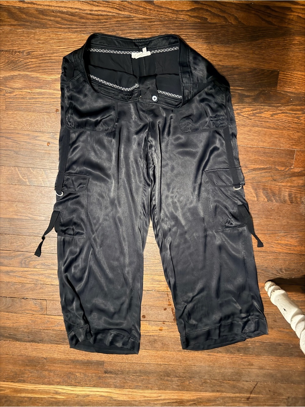 Anthropologie Black Satin Cargo Jogger Pants Womens Size 12 wide leg  Pocket